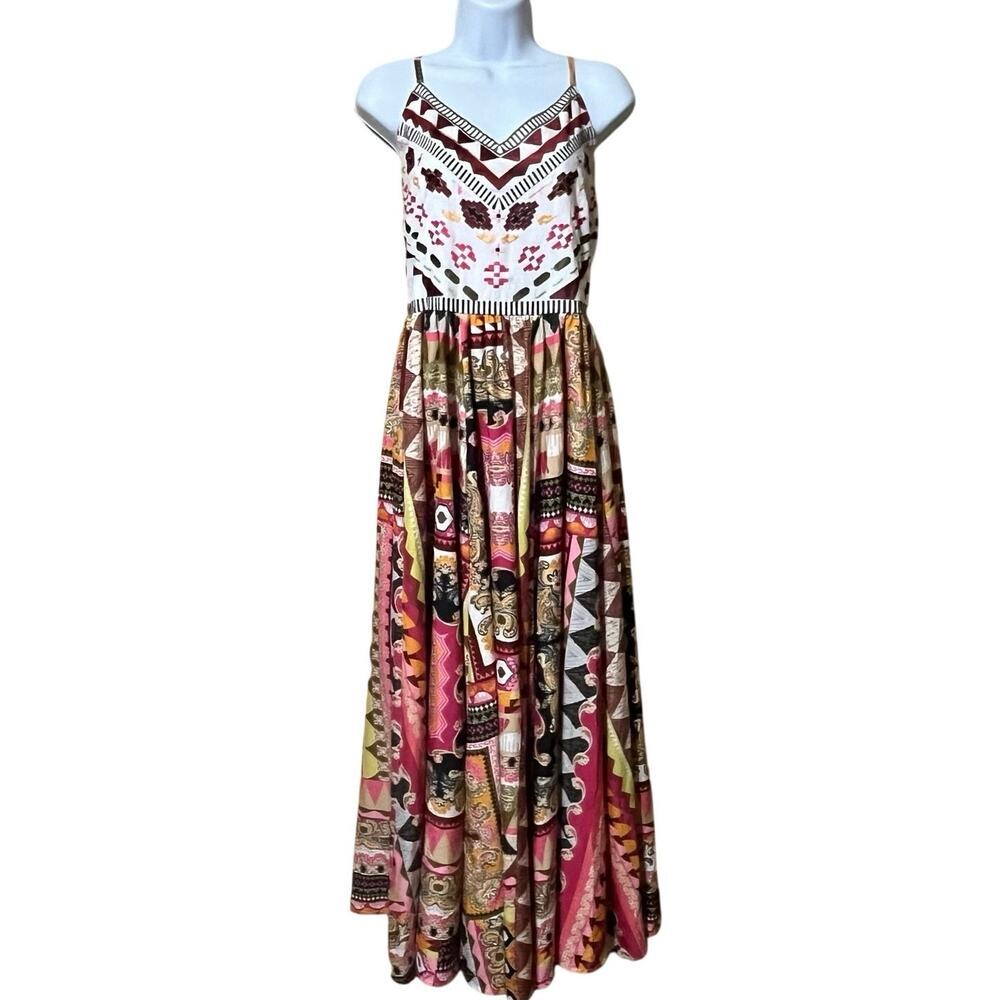Boho Embroidered Smocked Maxi Dress Women's M Festival Geometric Hippie Resort